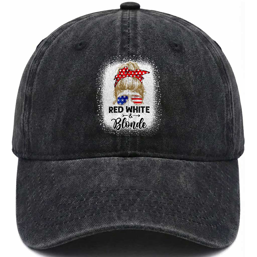 Funny 4th Of July Red White And Blonde Washed Cotton Baseball Cap Messy Bun Girl American Flag Sunglasses TS11 Washed Cap Universal Fit Black Print Your Wear
