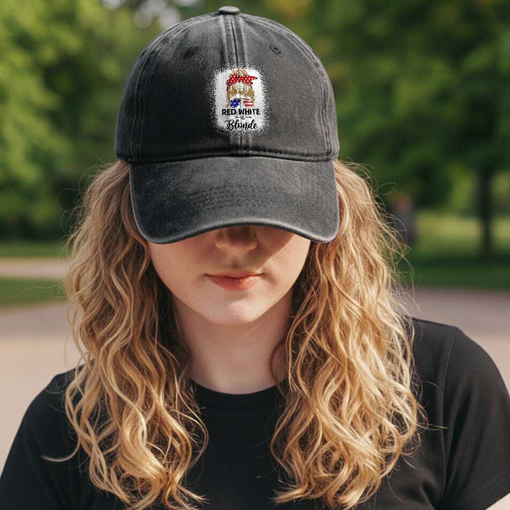 Funny 4th Of July Red White And Blonde Washed Cotton Baseball Cap Messy Bun Girl American Flag Sunglasses TS11 Print Your Wear