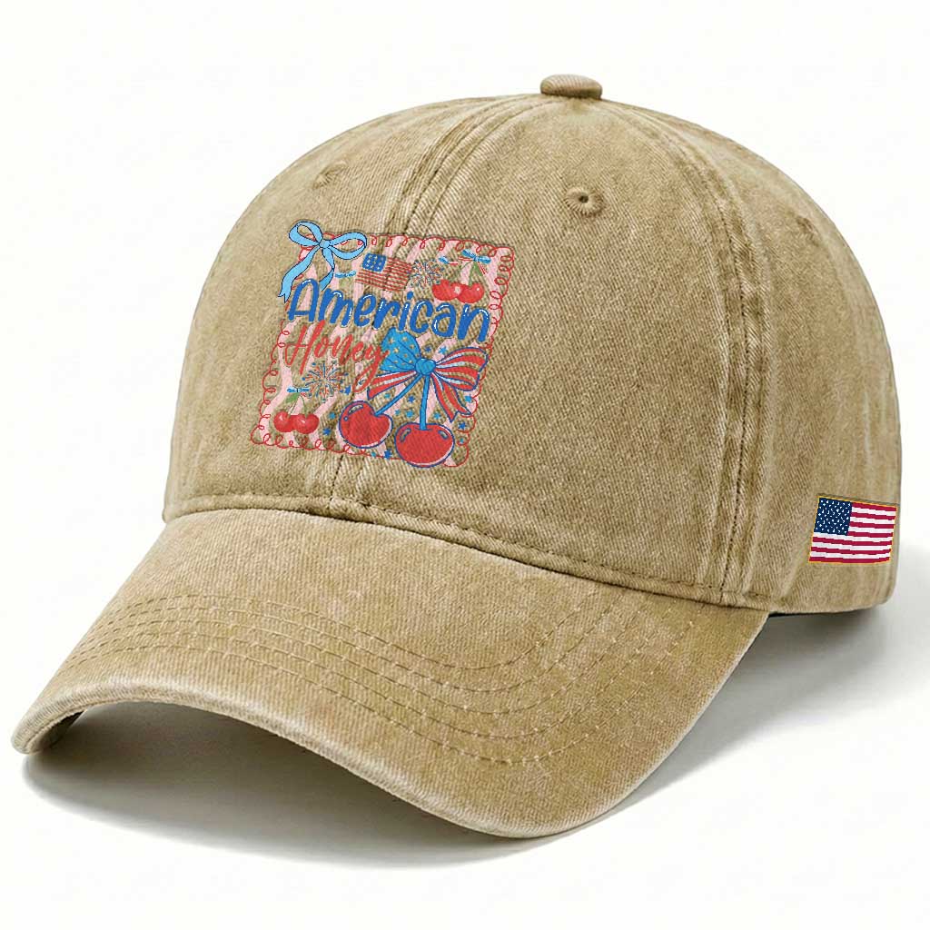 Funny 4th Of July American Honey Washed Cotton Baseball Cap USA Independence Day Coquette TS11 Print Your Wear