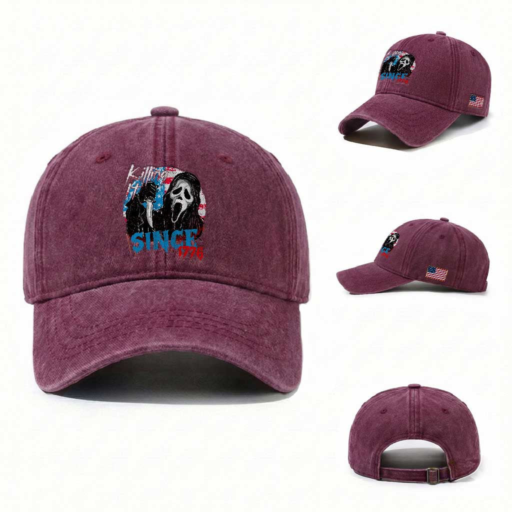 Funny Killing It Since 1776 Washed Cotton Baseball Cap Horror Movie 4th Of July USA Ghost TS11 Washed Cap Universal Fit Burgundy Print Your Wear