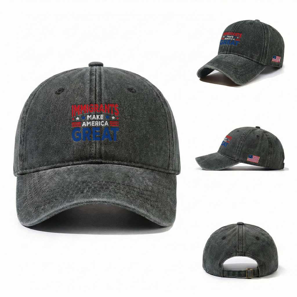 Funny Immigrants Make America Great Washed Cotton Baseball Cap Stars Stripes TS11 Washed Cap Universal Fit Dark Green Print Your Wear