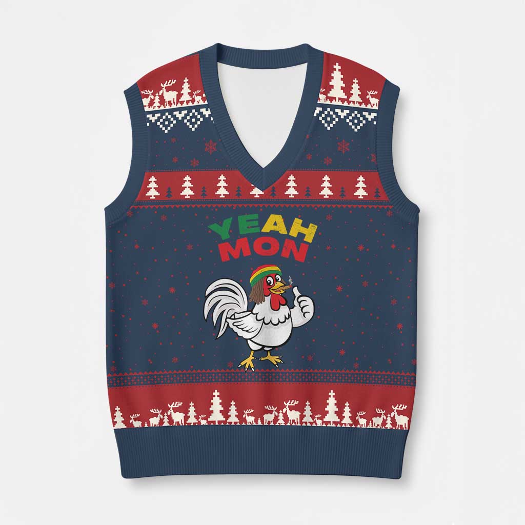 Jamaica Chicken V-Neck Knit Sweater Vest Yeah Mon Jamaican Rastacap TS11 Navy Red Print Your Wear