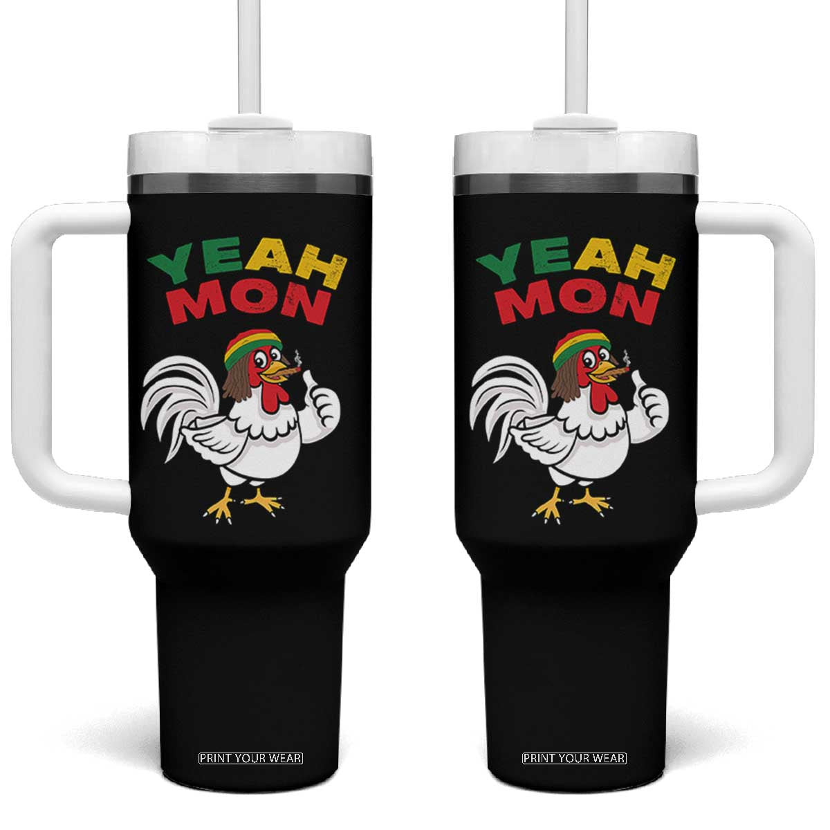 Jamaica Chicken Tumbler With Handle Yeah Mon Jamaican Rastacap TS11 One Size: 40 oz Black Print Your Wear