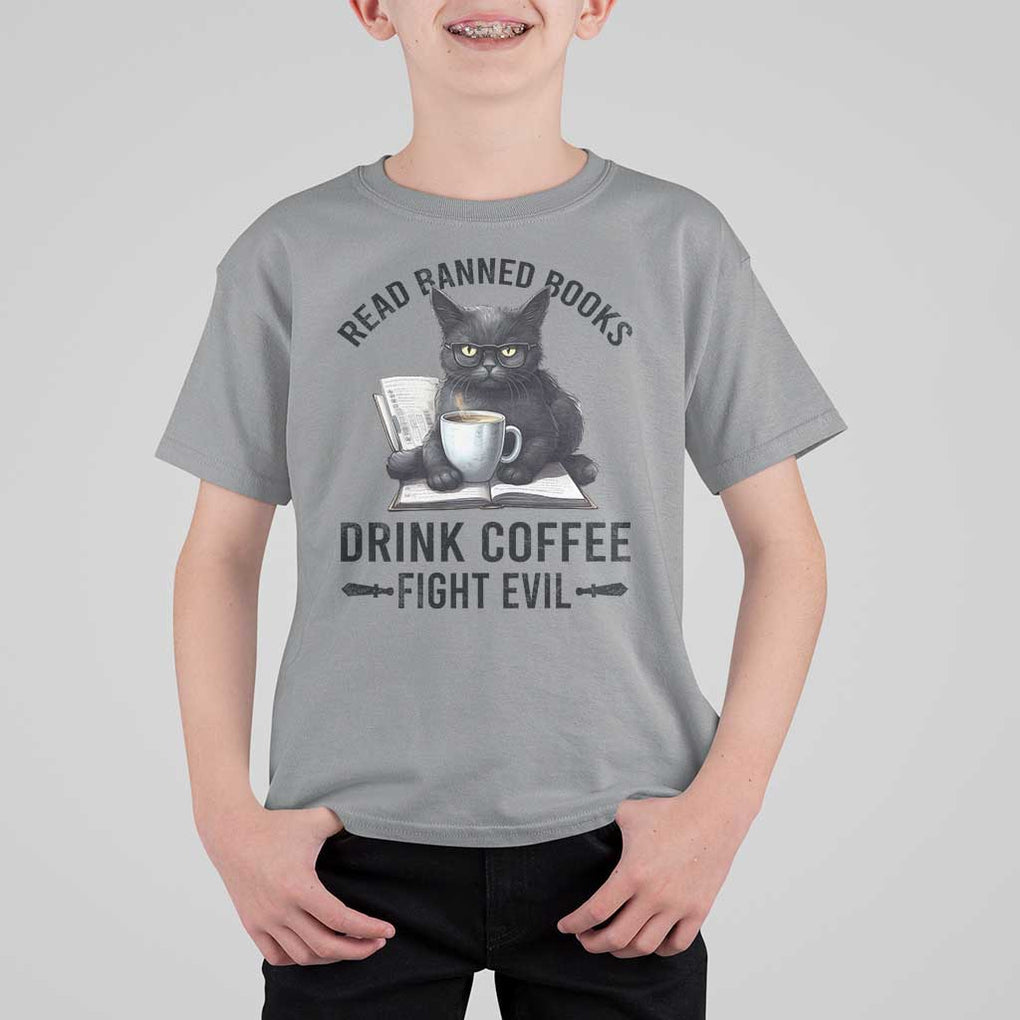 Funny Reading Cat T Shirt For Kid Read Banned Books Drink Coffee Fight Evil BookWorm TS11 Sport Gray Print Your Wear