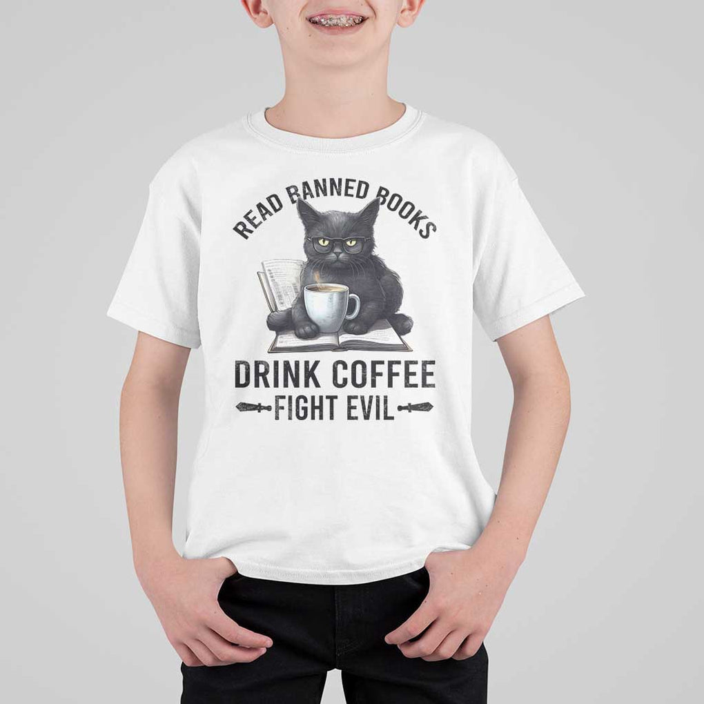 Funny Reading Cat T Shirt For Kid Read Banned Books Drink Coffee Fight Evil BookWorm TS11 White Print Your Wear