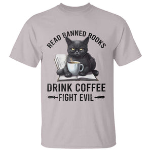 Funny Reading Cat T Shirt Read Banned Books Drink Coffee Fight Evil BookWorm TS11 Ice Gray Print Your Wear