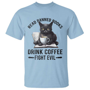 Funny Reading Cat T Shirt Read Banned Books Drink Coffee Fight Evil BookWorm TS11 Light Blue Print Your Wear