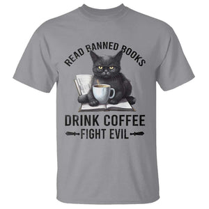 Funny Reading Cat T Shirt Read Banned Books Drink Coffee Fight Evil BookWorm TS11 Sport Gray Print Your Wear