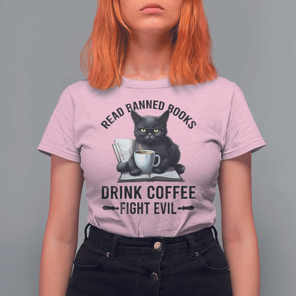 Funny Reading Cat T Shirt For Women Read Banned Books Drink Coffee Fight Evil BookWorm TS11 Light Pink Print Your Wear