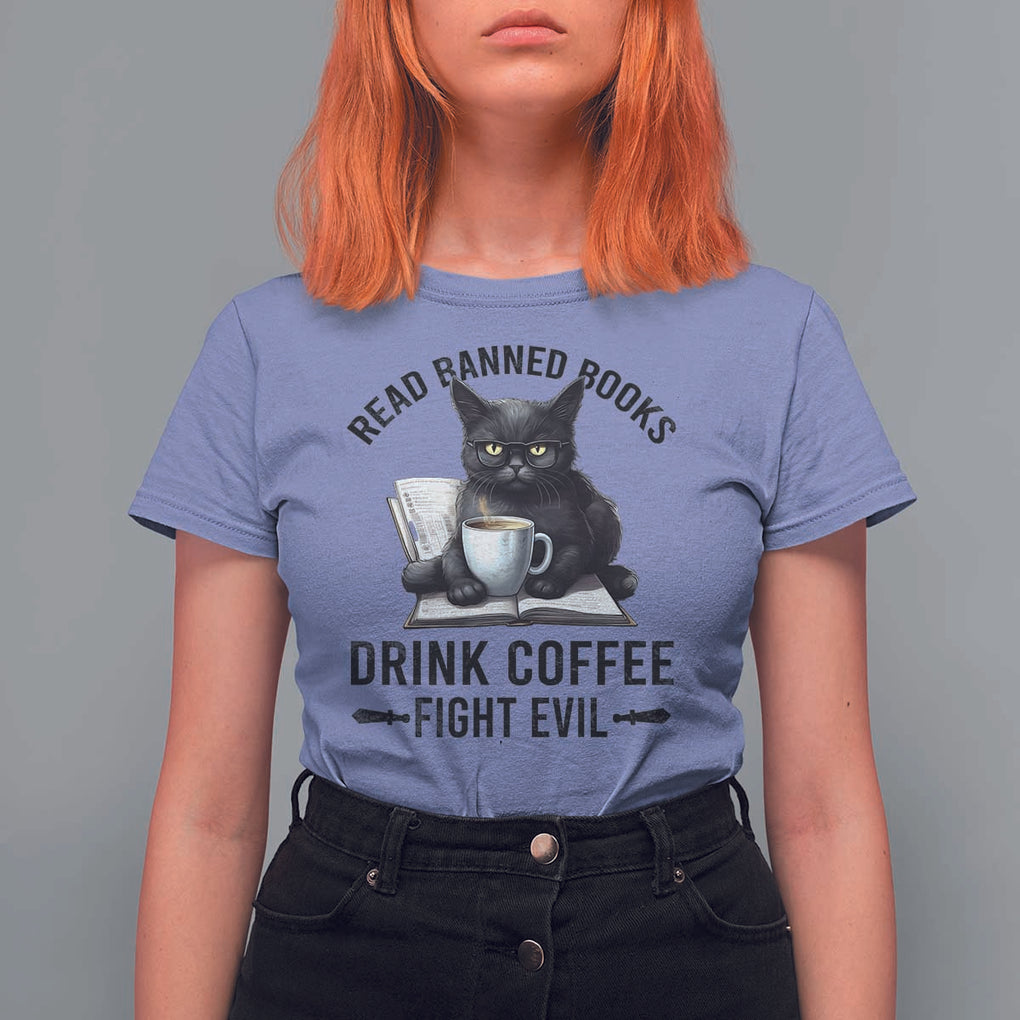 Funny Reading Cat T Shirt For Women Read Banned Books Drink Coffee Fight Evil BookWorm TS11 Violet Print Your Wear