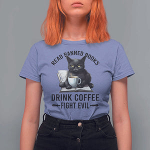 Funny Reading Cat T Shirt For Women Read Banned Books Drink Coffee Fight Evil BookWorm TS11 Violet Print Your Wear