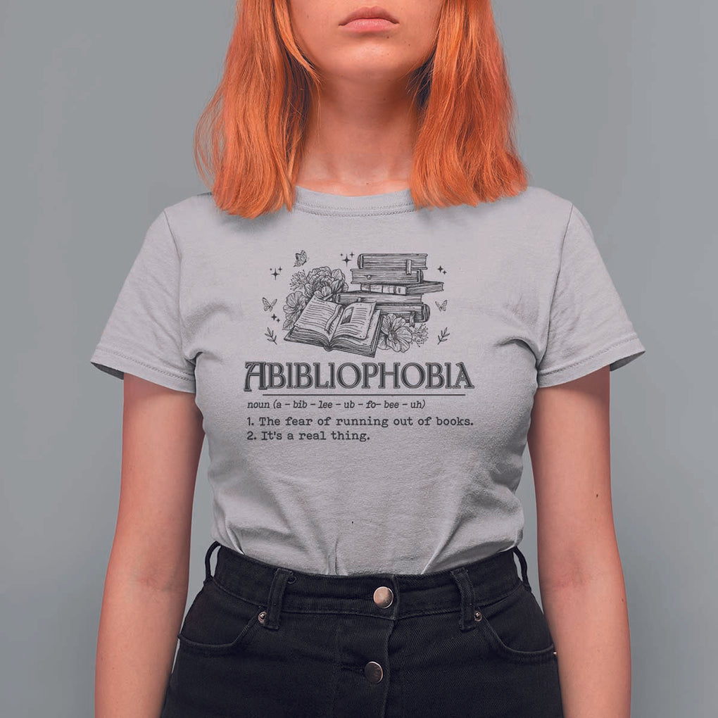 Funny Reading T Shirt For Women Abibliophobia Bookworm Reader Butterfly Flower TS11 Ice Gray Print Your Wear