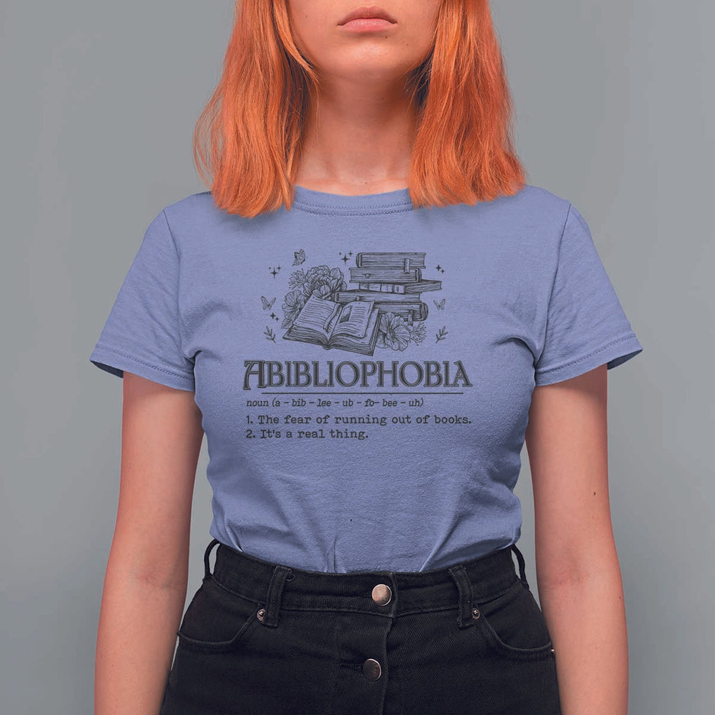 Funny Reading T Shirt For Women Abibliophobia Bookworm Reader Butterfly Flower TS11 Violet Print Your Wear