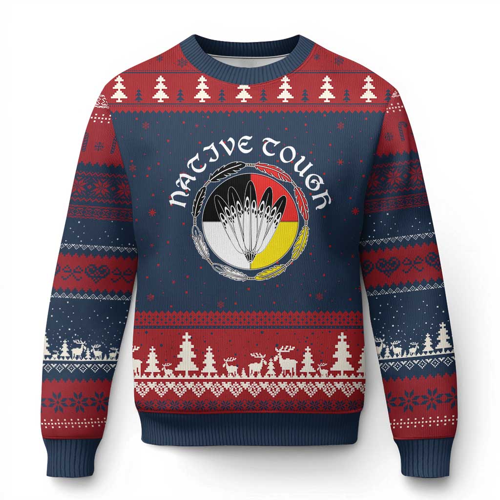 Native Tough Ugly Christmas Sweater Indian American Medicine Wheel Feathers TS11 Navy Red Print Your Wear