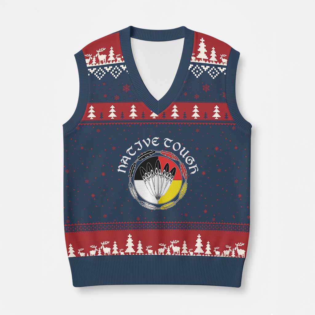 Native Tough V-Neck Knit Sweater Vest Indian American Medicine Wheel Feathers TS11 Navy Red Print Your Wear