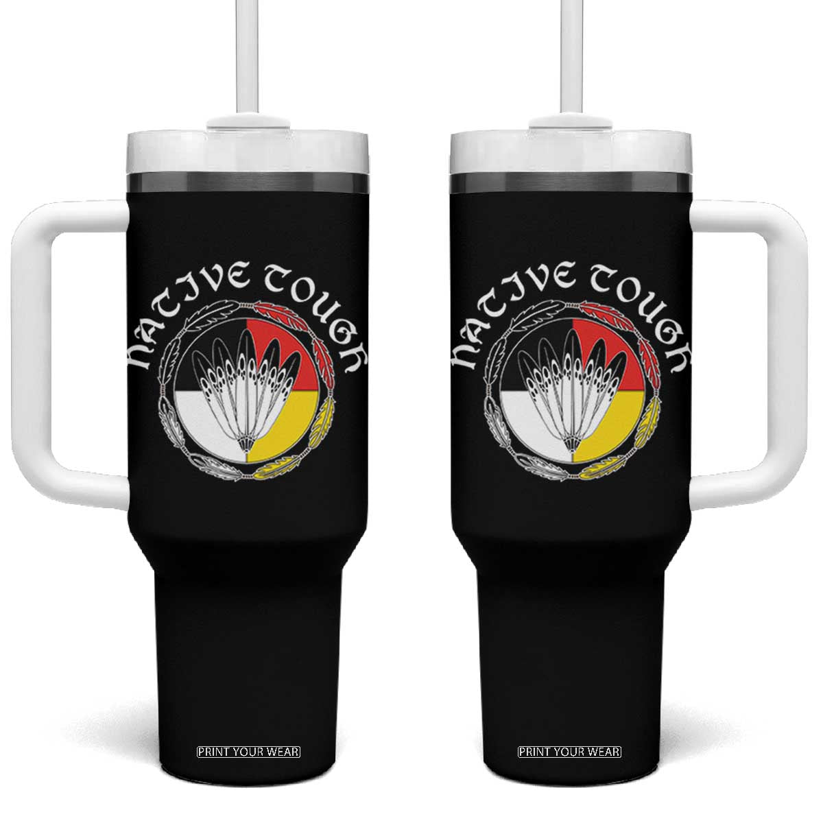 Native Tough Tumbler With Handle Indian American Medicine Wheel Feathers TS11 One Size: 40 oz Black Print Your Wear