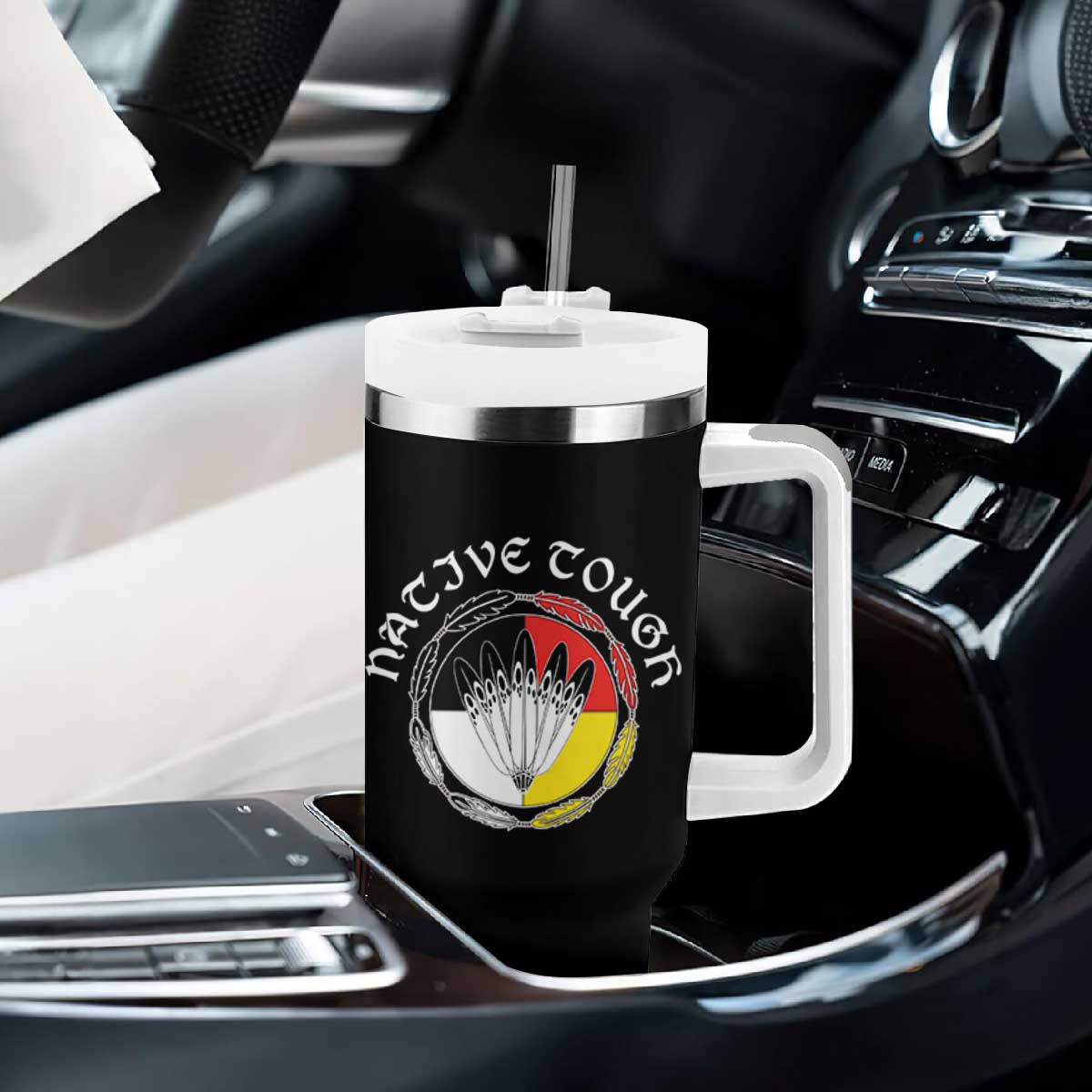 Native Tough Tumbler With Handle Indian American Medicine Wheel Feathers TS11 Print Your Wear