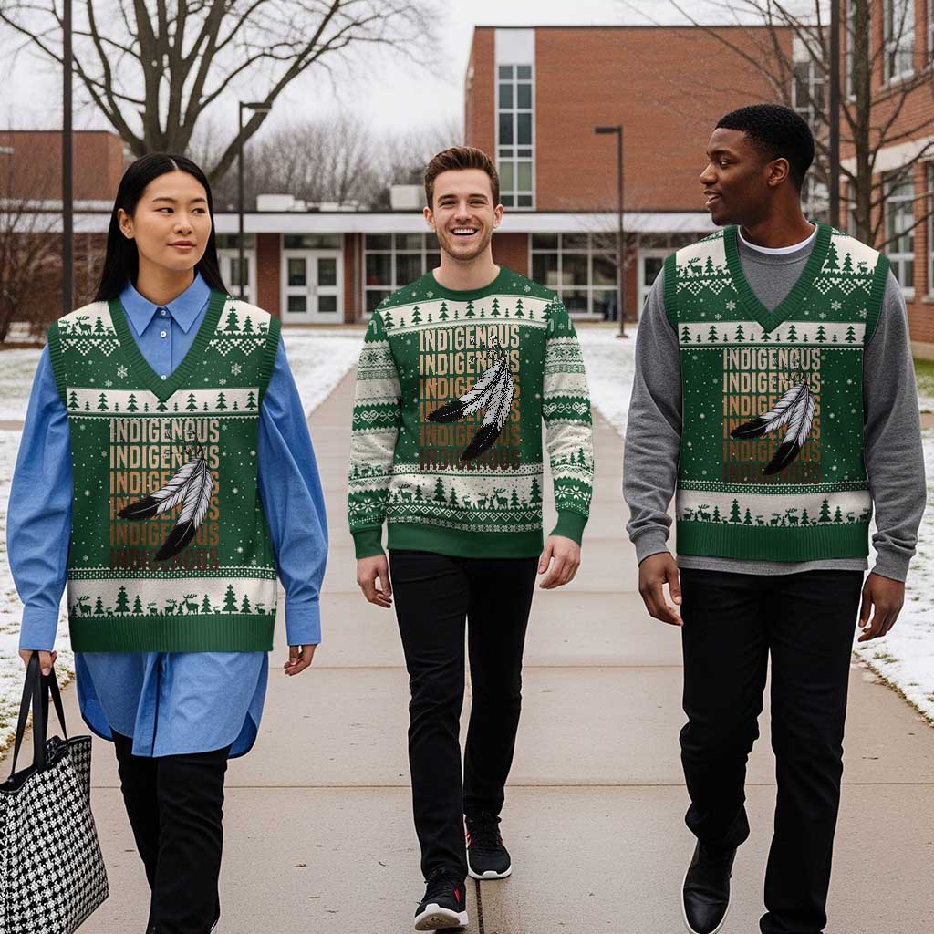 Indigenous Pride V-Neck Knit Sweater Vest Native American Heritage Feathers Dreamcatcher TS11 Forest Green Beige Print Your Wear