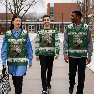 Indigenous Pride V-Neck Knit Sweater Vest Native American Heritage Feathers Dreamcatcher TS11 Forest Green Beige Print Your Wear