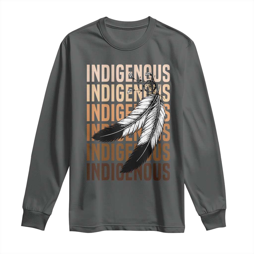 Indigenous Pride Long Sleeve Shirt Native American Heritage Feathers Dreamcatcher TS11 Dark Heather Print Your Wear