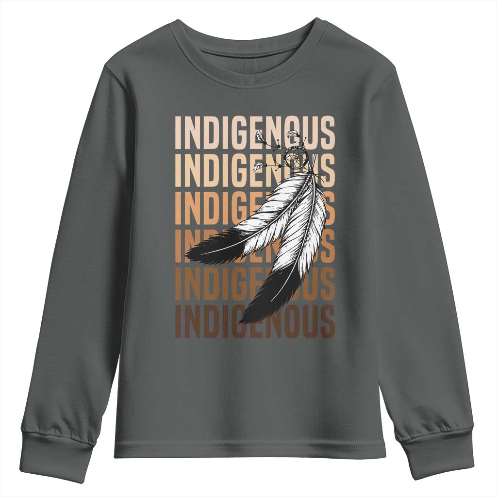 Indigenous Pride Youth Sweatshirt Native American Heritage Feathers Dreamcatcher TS11 Dark Heather Print Your Wear