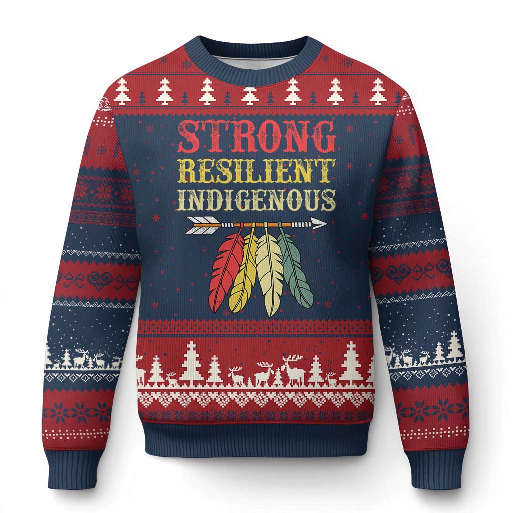 Native American Strong Resilient Indigenous Ugly Christmas Sweater Retro Vintage Feathers TS11 Navy Red Print Your Wear