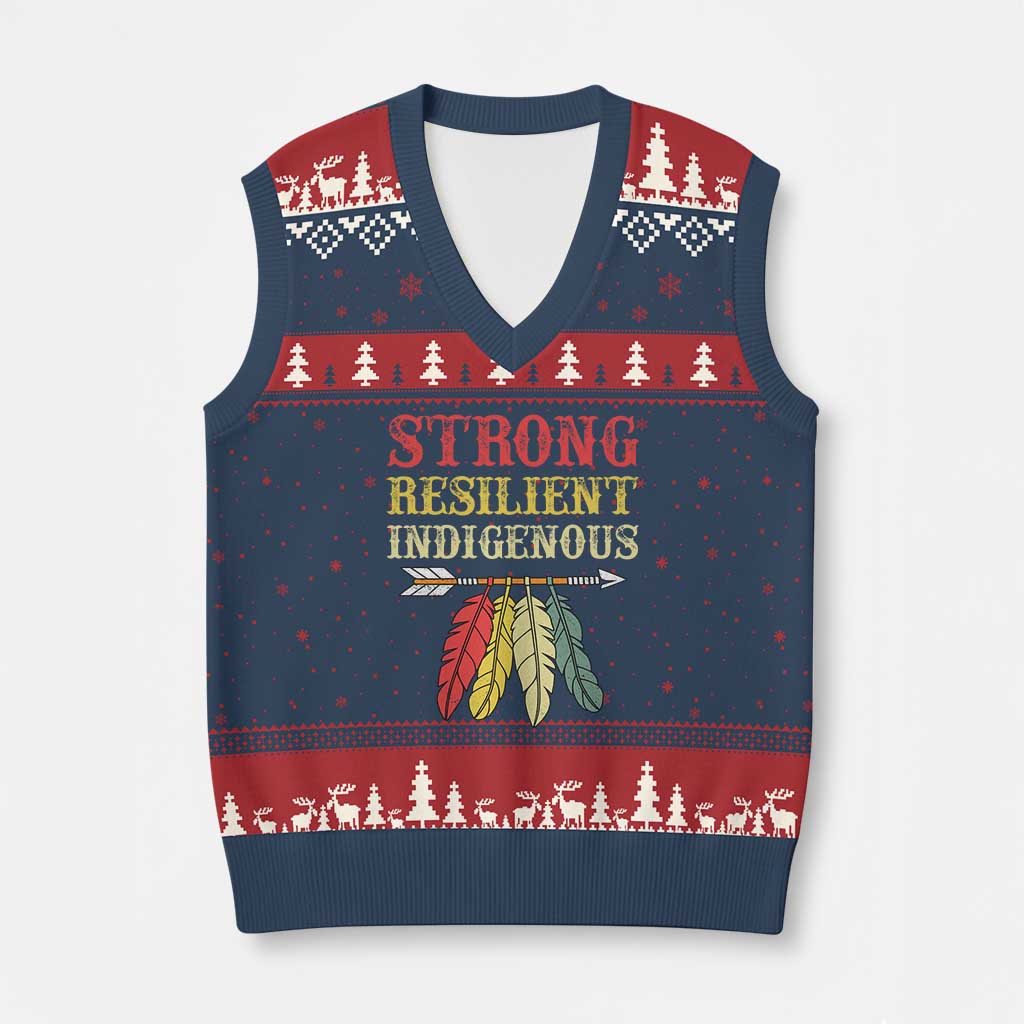 Native American Strong Resilient Indigenous V-Neck Knit Sweater Vest Retro Vintage Feathers TS11 Navy Red Print Your Wear
