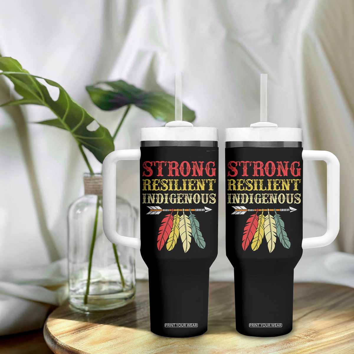 Native American Strong Resilient Indigenous Tumbler With Handle Retro Vintage Feathers TS11 Print Your Wear