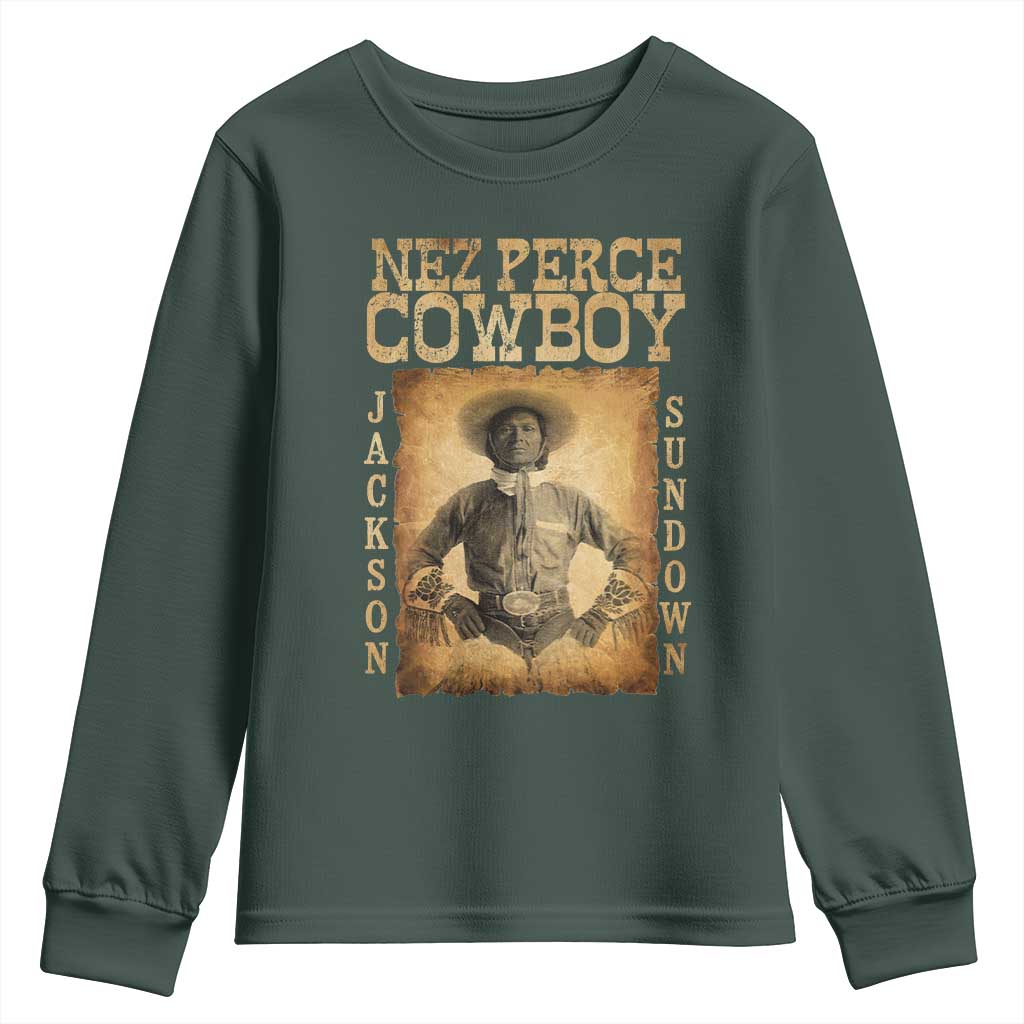 Nez Perce Cowboy Jackson Sundown Youth Sweatshirt Native American Cowboy Western Country TS11 Dark Forest Green Print Your Wear