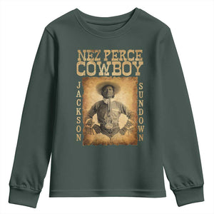 Nez Perce Cowboy Jackson Sundown Youth Sweatshirt Native American Cowboy Western Country TS11 Dark Forest Green Print Your Wear