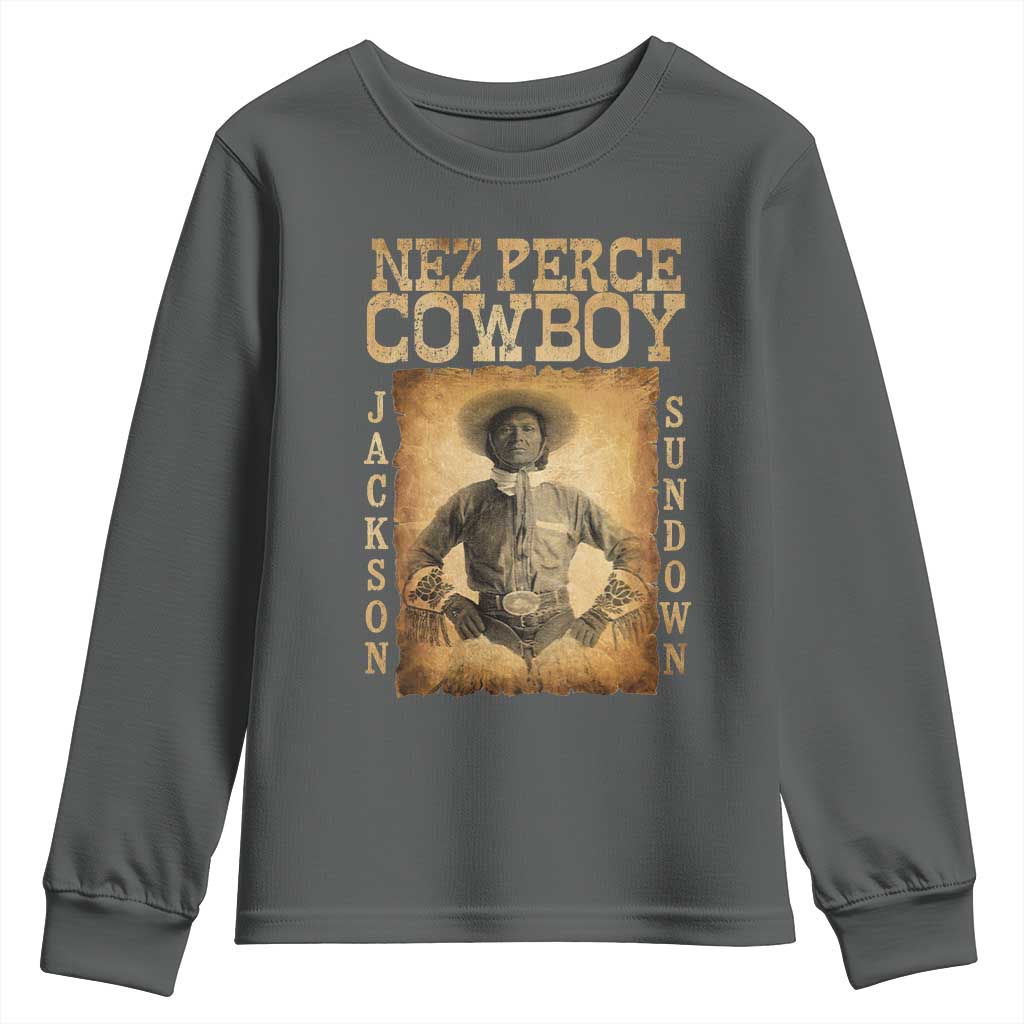 Nez Perce Cowboy Jackson Sundown Youth Sweatshirt Native American Cowboy Western Country TS11 Dark Heather Print Your Wear