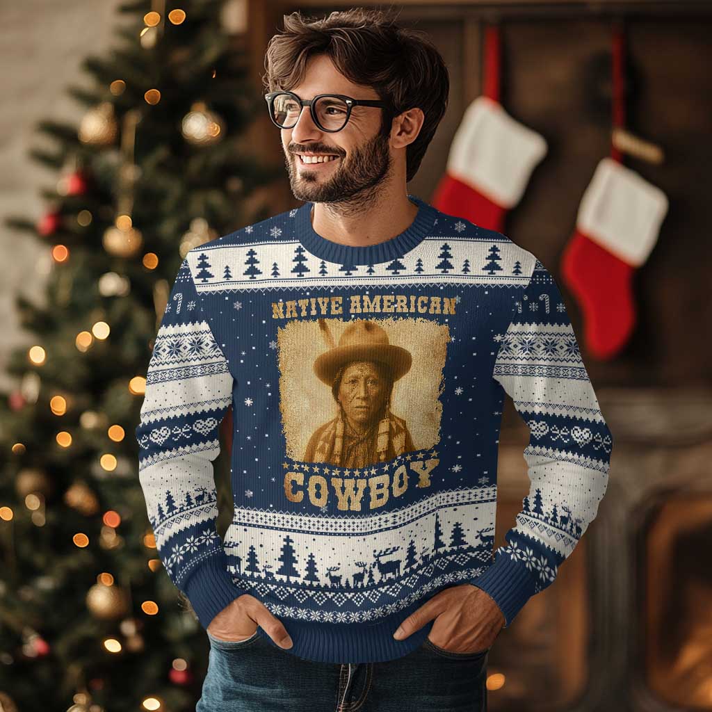 Native American Cowboy Ugly Christmas Sweater Vintage Western Country Portrait TS11 Navy Beige Print Your Wear