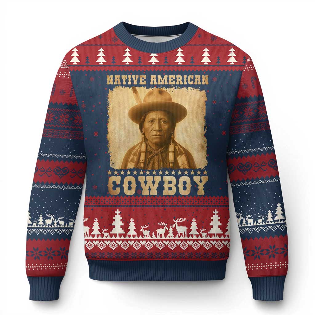 Native American Cowboy Ugly Christmas Sweater Vintage Western Country Portrait TS11 Navy Red Print Your Wear