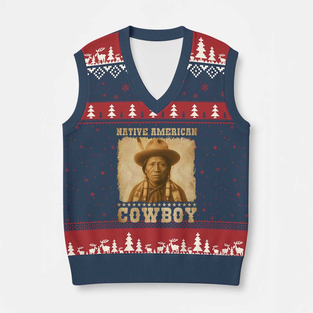 Native American Cowboy V-Neck Knit Sweater Vest Vintage Western Country Portrait TS11 Navy Red Print Your Wear