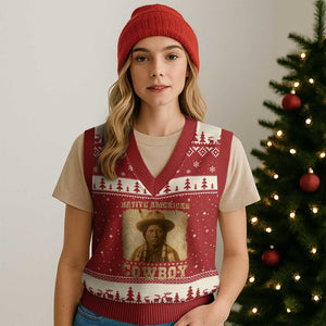 Native American Cowboy V-Neck Knit Sweater Vest Vintage Western Country Portrait TS11 Red Beige Print Your Wear