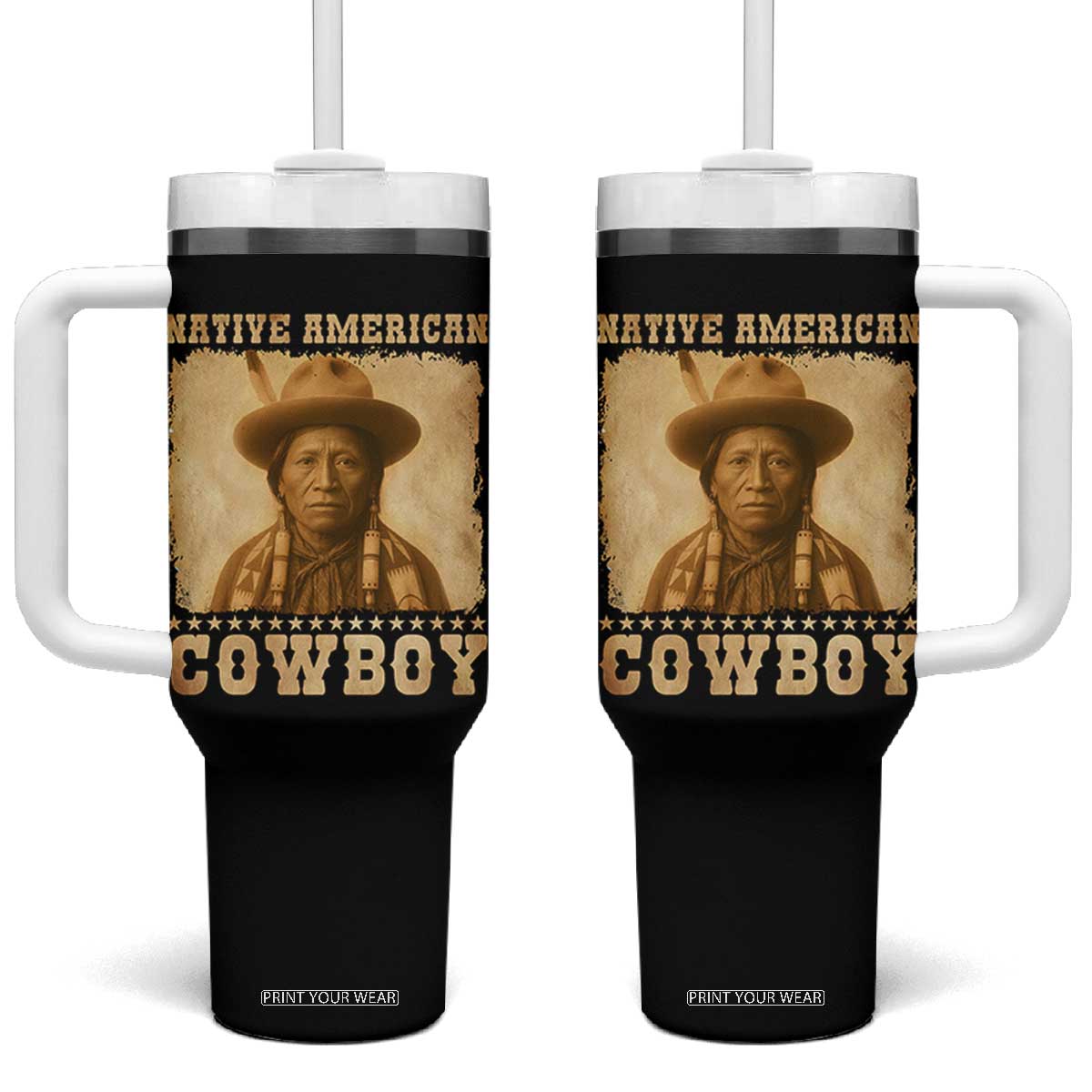 Native American Cowboy Tumbler With Handle Vintage Western Country Portrait TS11 One Size: 40 oz Black Print Your Wear
