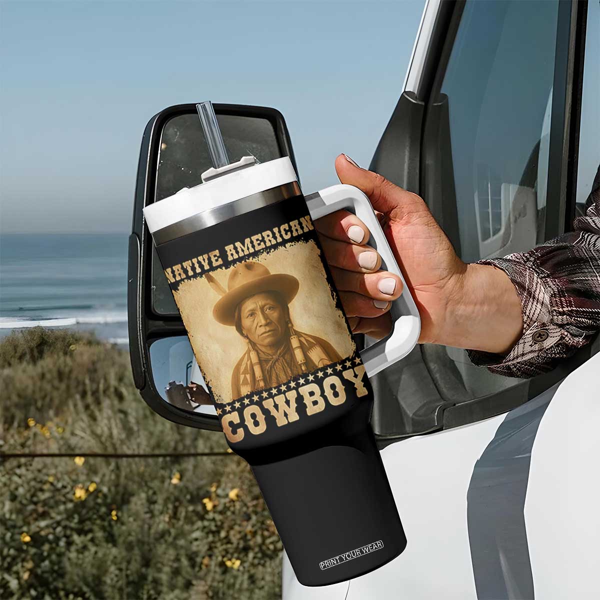 Native American Cowboy Tumbler With Handle Vintage Western Country Portrait TS11 Print Your Wear