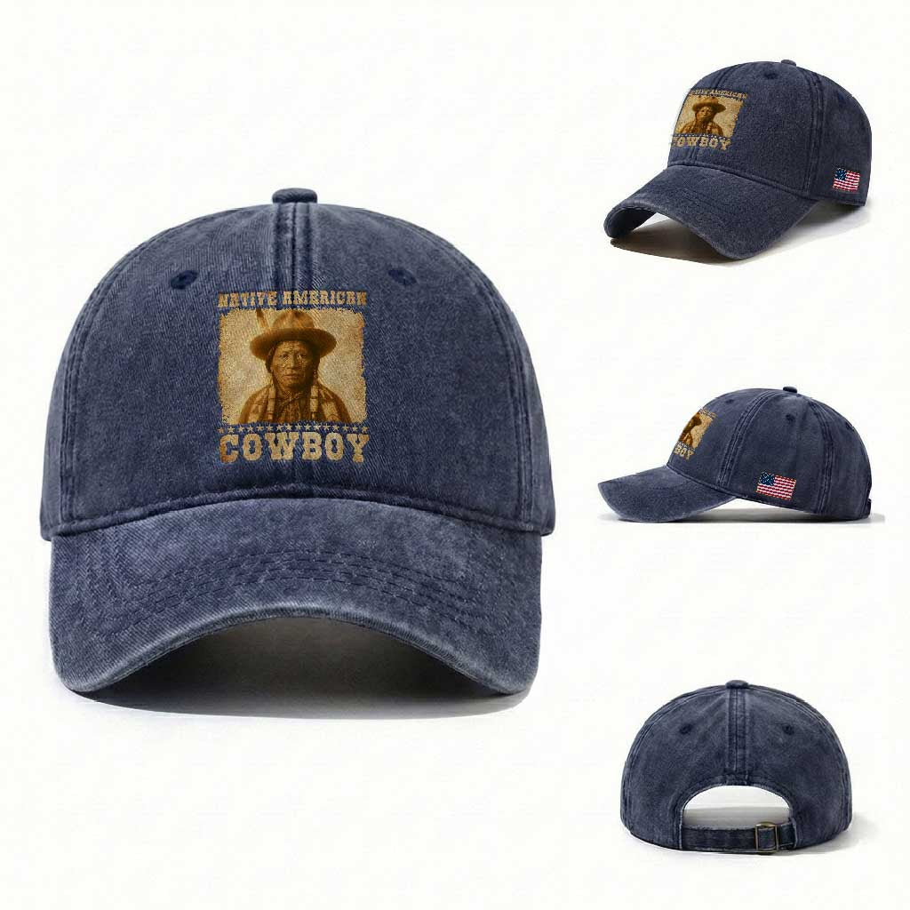 Native American Cowboy Washed Cotton Baseball Cap Vintage Western Country Portrait