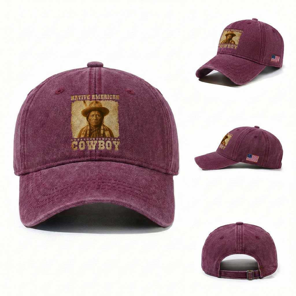 Native American Cowboy Washed Cotton Baseball Cap Vintage Western Country Portrait