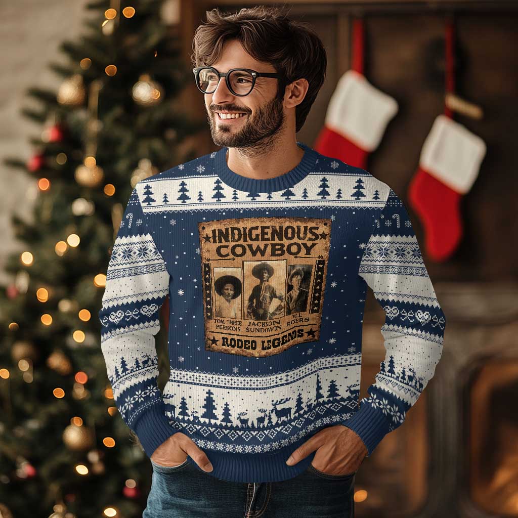 Native American Cowboy Rodeo Legends Ugly Christmas Sweater Vintage Western Country Cowboy TS11 Navy Beige Print Your Wear
