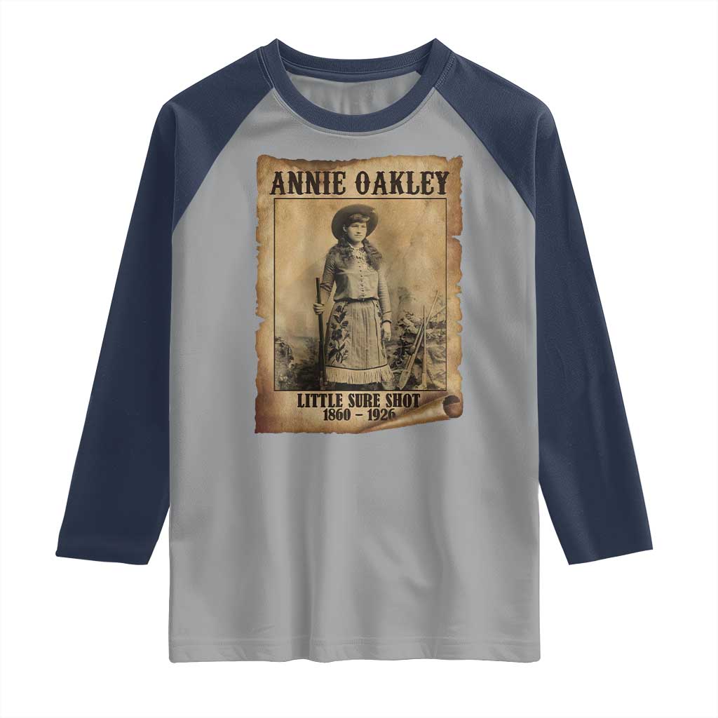 Annie Oakley Raglan Shirt Little Sure Shot The Legendary Cowgirl TS11 Sport Gray Navy Print Your Wear
