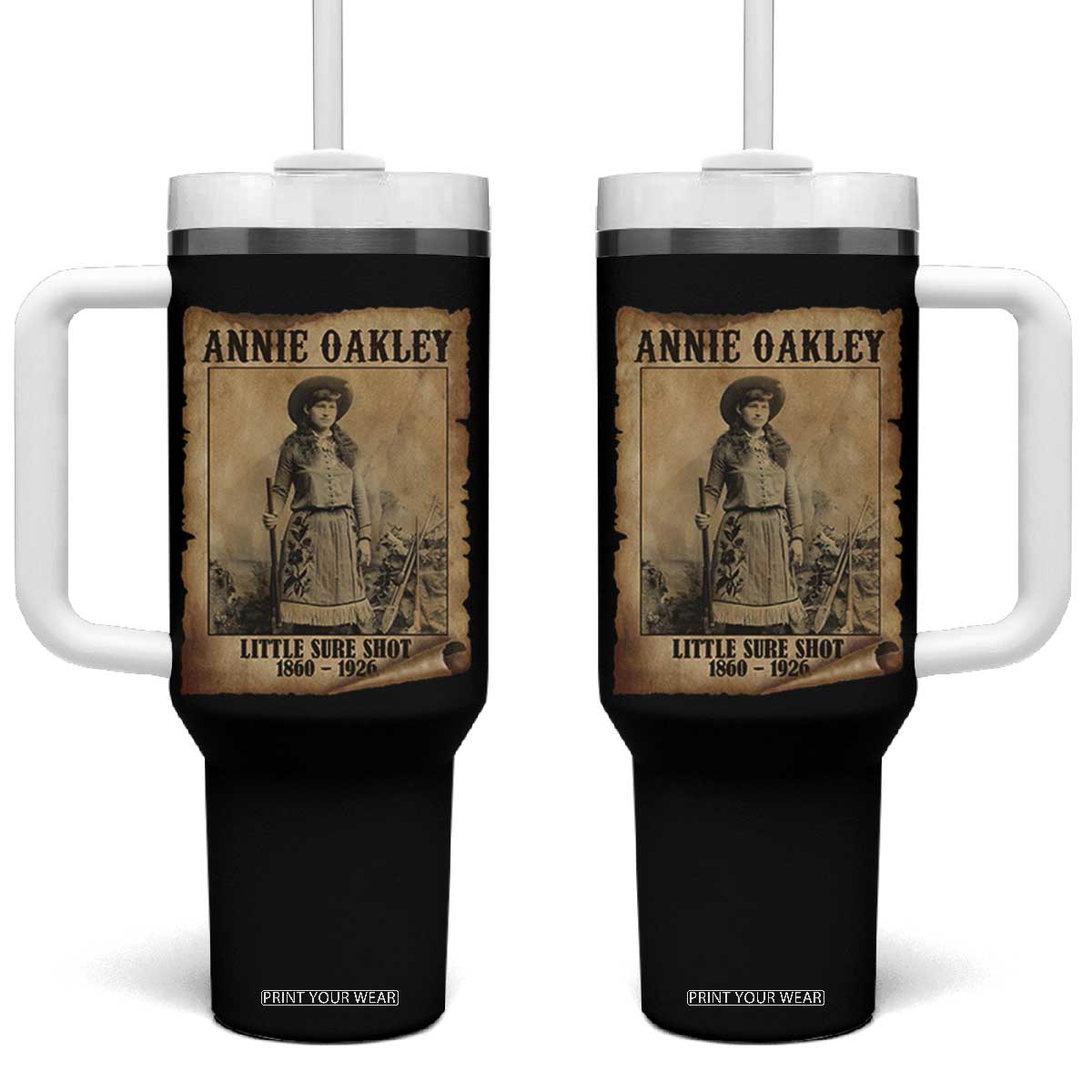 Annie Oakley Tumbler With Handle Little Sure Shot The Legendary Cowgirl TS11 One Size: 40 oz Black Print Your Wear