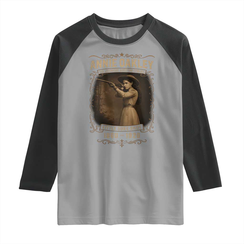 Annie Oakley Raglan Shirt Little Sure Shot The Legendary American Cowgirl TS11 Sport Gray Black Print Your Wear