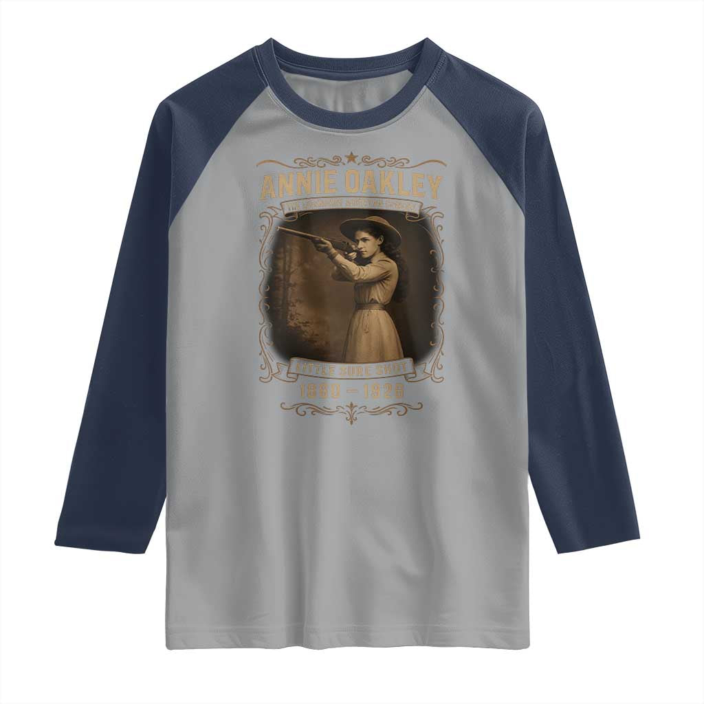 Annie Oakley Raglan Shirt Little Sure Shot The Legendary American Cowgirl TS11 Sport Gray Navy Print Your Wear
