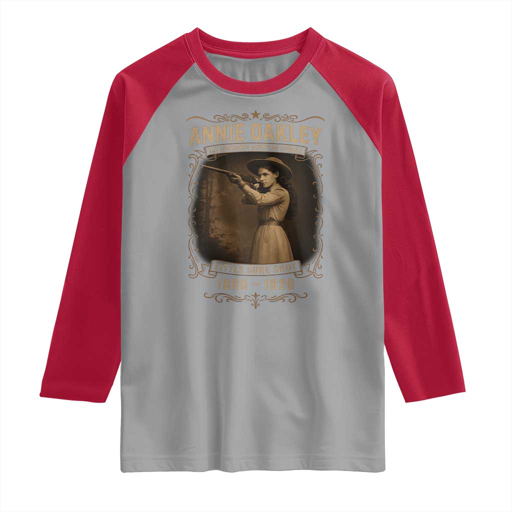 Annie Oakley Raglan Shirt Little Sure Shot The Legendary American Cowgirl TS11 Sport Gray Red Print Your Wear