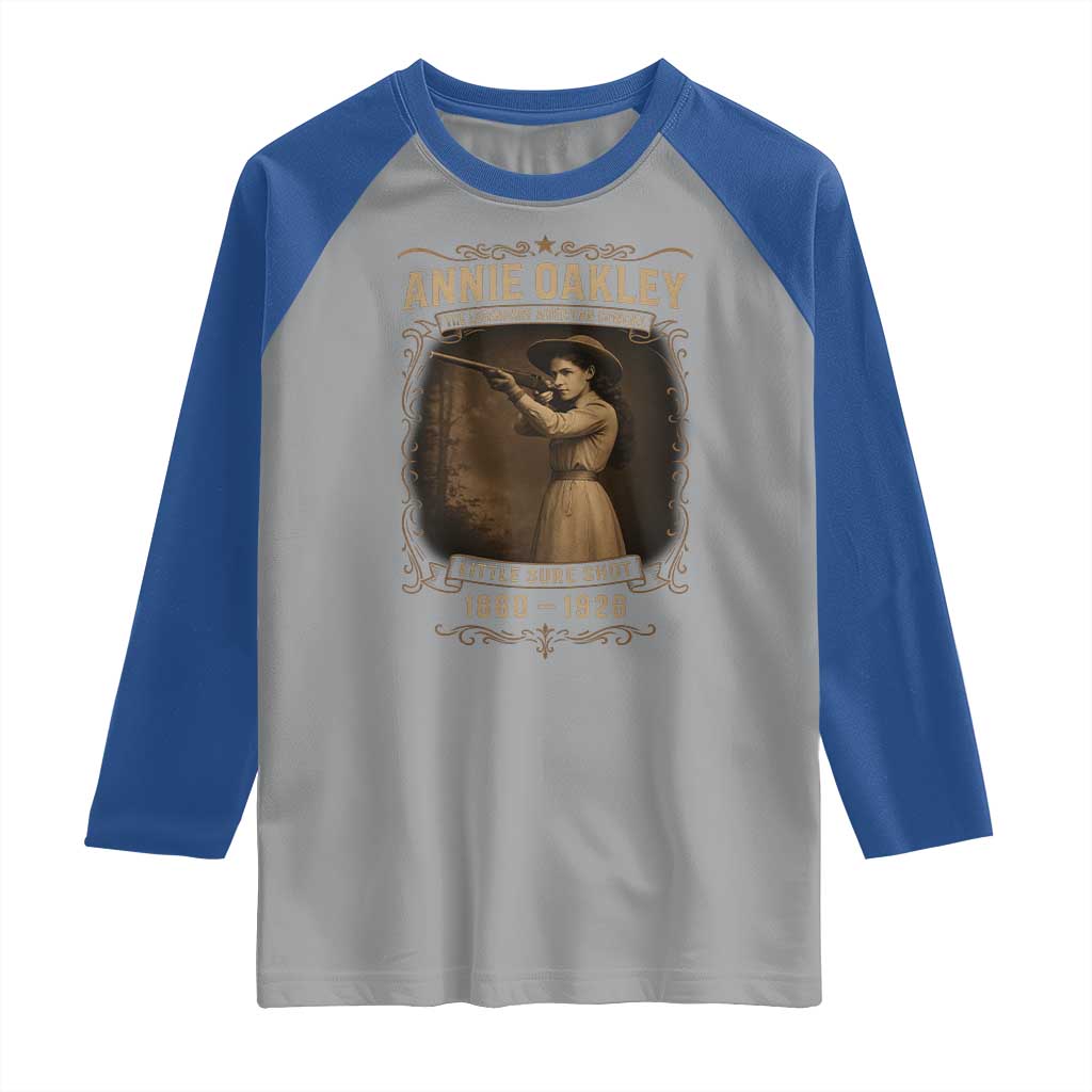 Annie Oakley Raglan Shirt Little Sure Shot The Legendary American Cowgirl TS11 Sport Gray Royal Print Your Wear