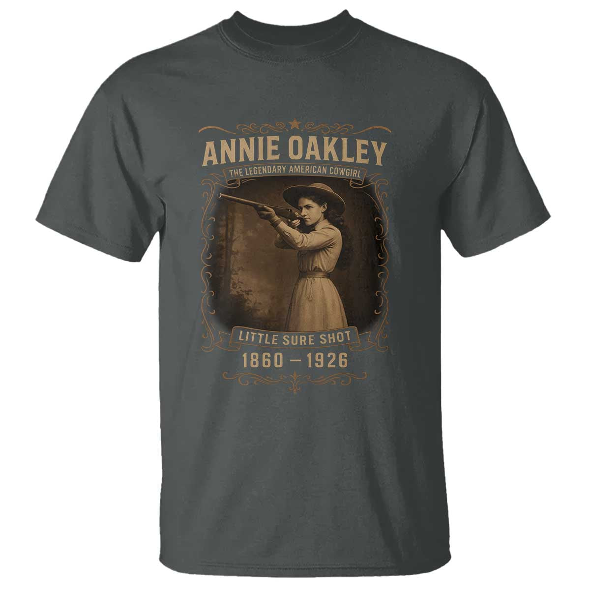 Annie Oakley T Shirt Little Sure Shot The Legendary American Cowgirl TS11 Dark Heather Print Your Wear