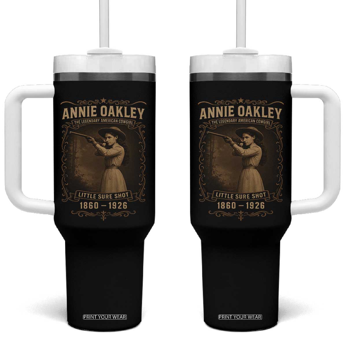 Annie Oakley Tumbler With Handle Little Sure Shot The Legendary American Cowgirl TS11 One Size: 40 oz Black Print Your Wear