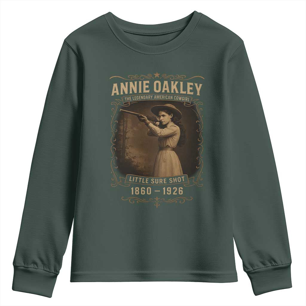 Annie Oakley Youth Sweatshirt Little Sure Shot The Legendary American Cowgirl TS11 Dark Forest Green Print Your Wear