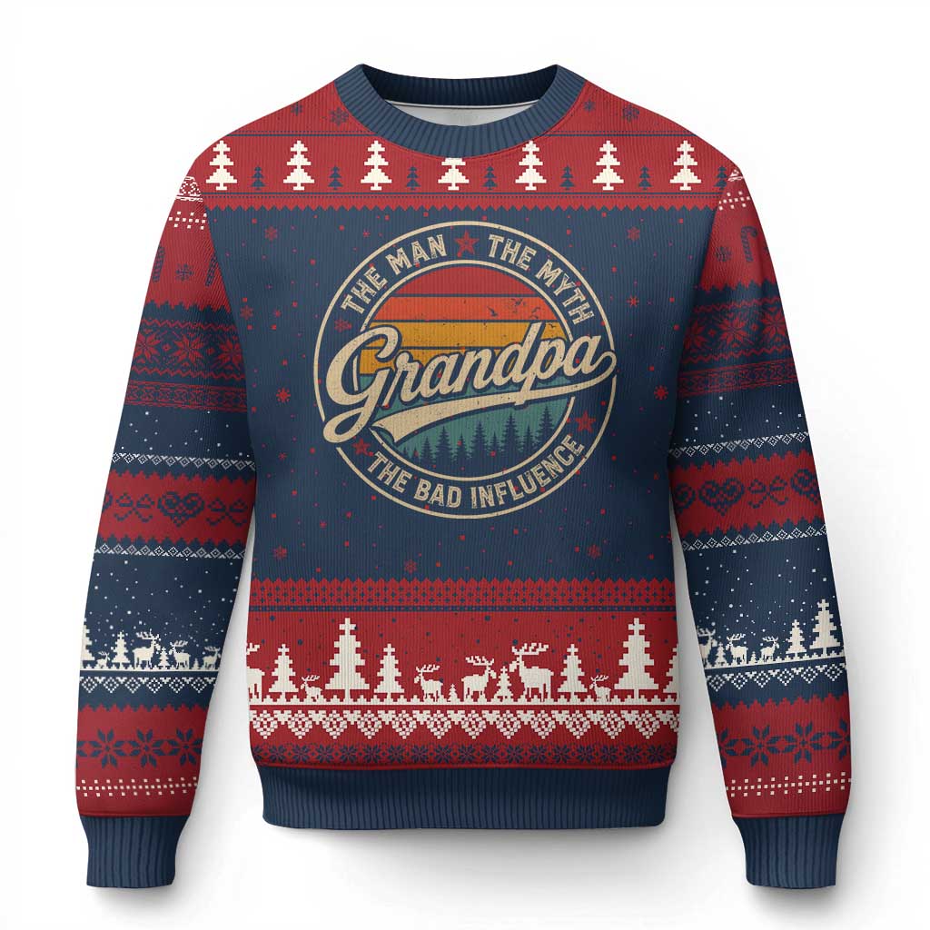 Grandpa The Man The Myth The Bad Influence Ugly Christmas Sweater Retro Forest Father's Day TS11 Navy Red Print Your Wear
